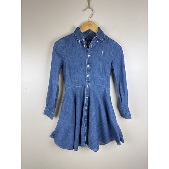 Polo Ralph Lauren Denim Shirt Dress Girls Size 10 Button Up Blue Fit Flare - Picture 1 of 13